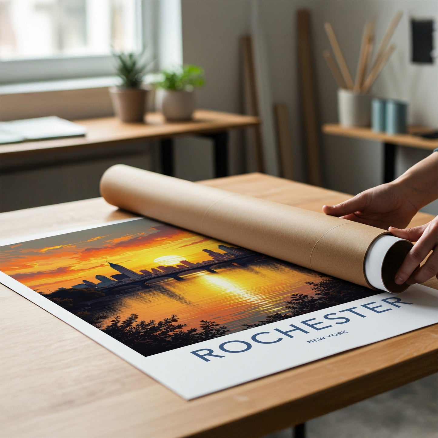 Rochester Poster - New York Travel Art - Golden River Sunset Home Decor