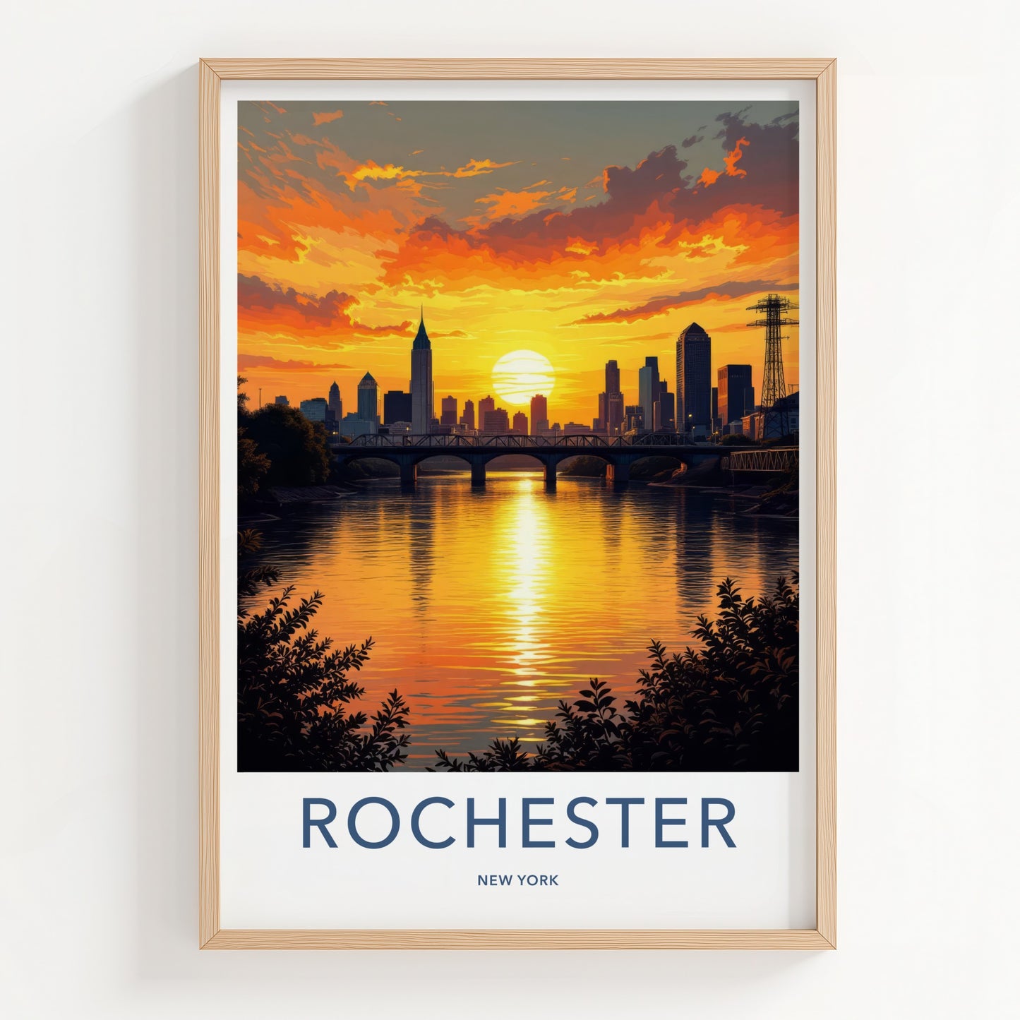 Rochester Poster - New York Travel Art - Golden River Sunset Home Decor