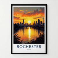Rochester Poster - New York Travel Art - Golden River Sunset Home Decor