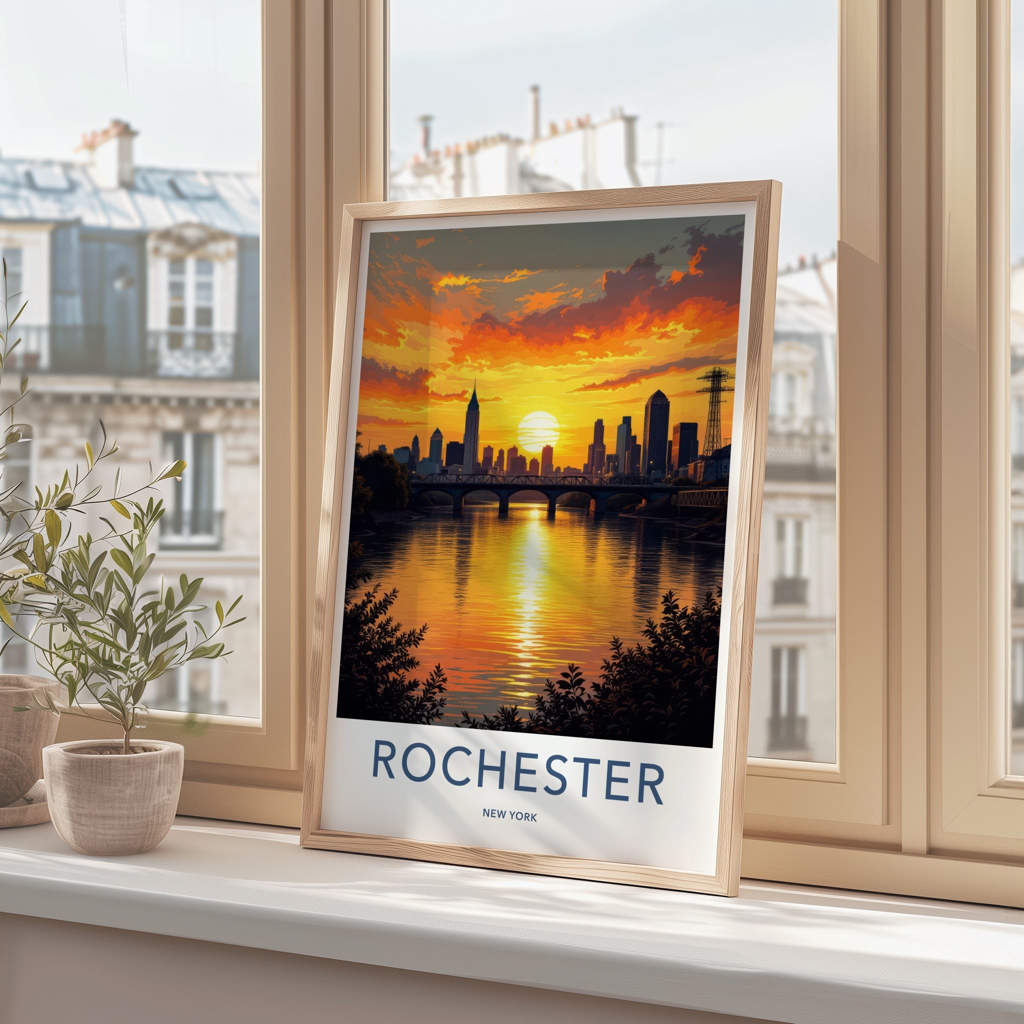 Rochester Poster - New York Travel Art - Golden River Sunset Home Decor