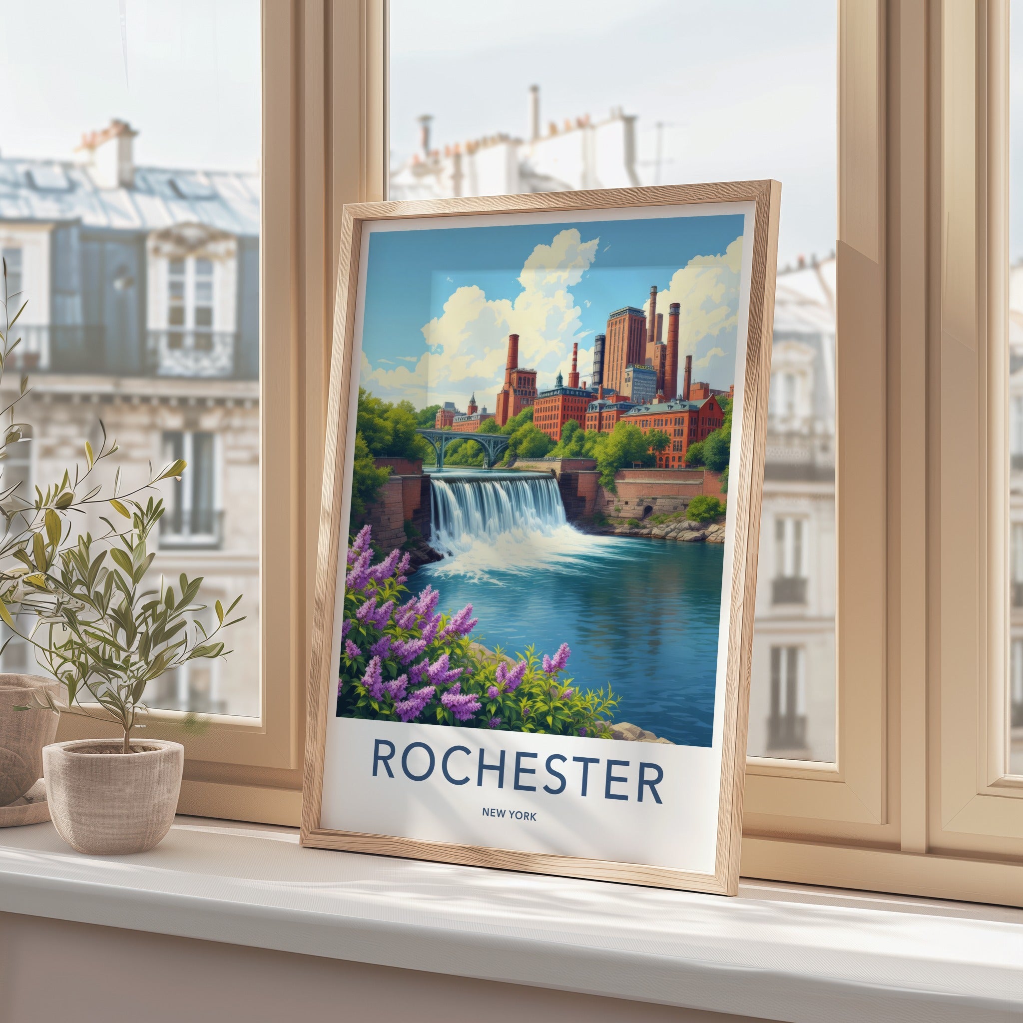 Rochester Poster - New York Travel Art - Industrial River Waterfall Home Decor