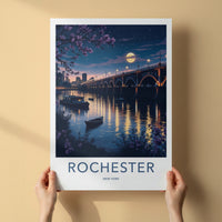 Rochester Poster - New York Travel Art - Moonlit City Bridge Home Decor