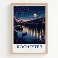 Rochester Poster - New York Travel Art - Moonlit City Bridge Home Decor