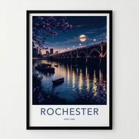 Rochester Poster - New York Travel Art - Moonlit City Bridge Home Decor
