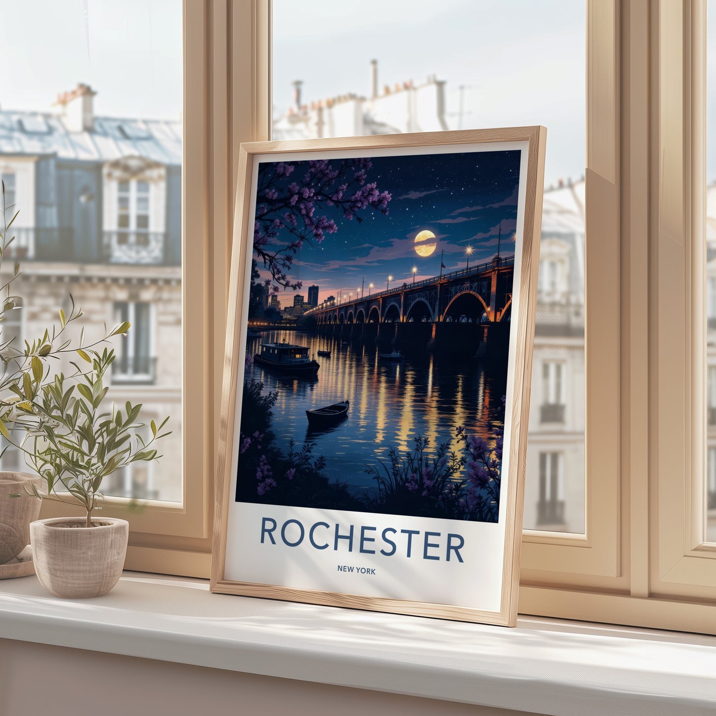 Rochester Poster - New York Travel Art - Moonlit City Bridge Home Decor