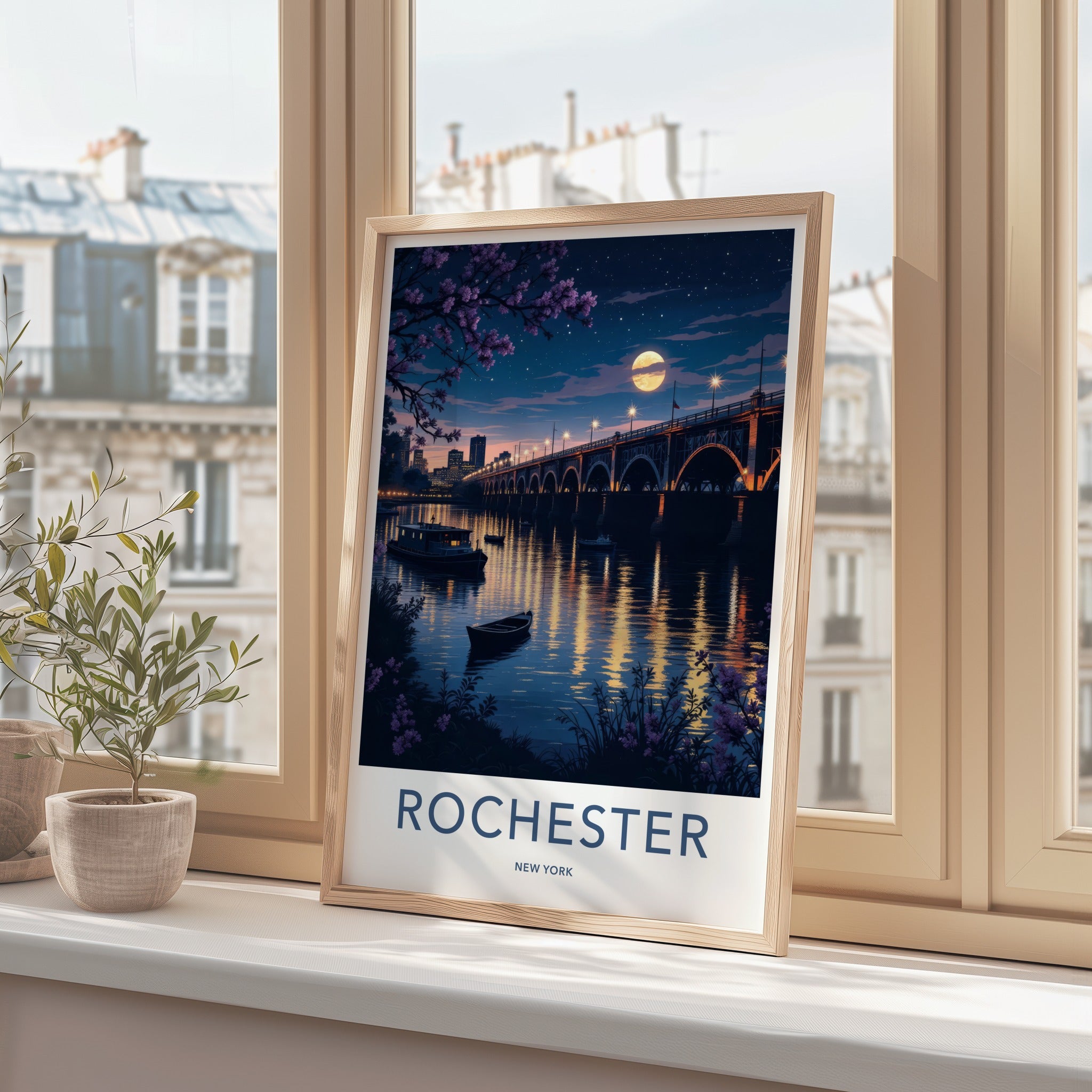 Rochester Poster - New York Travel Art - Moonlit City Bridge Home Decor