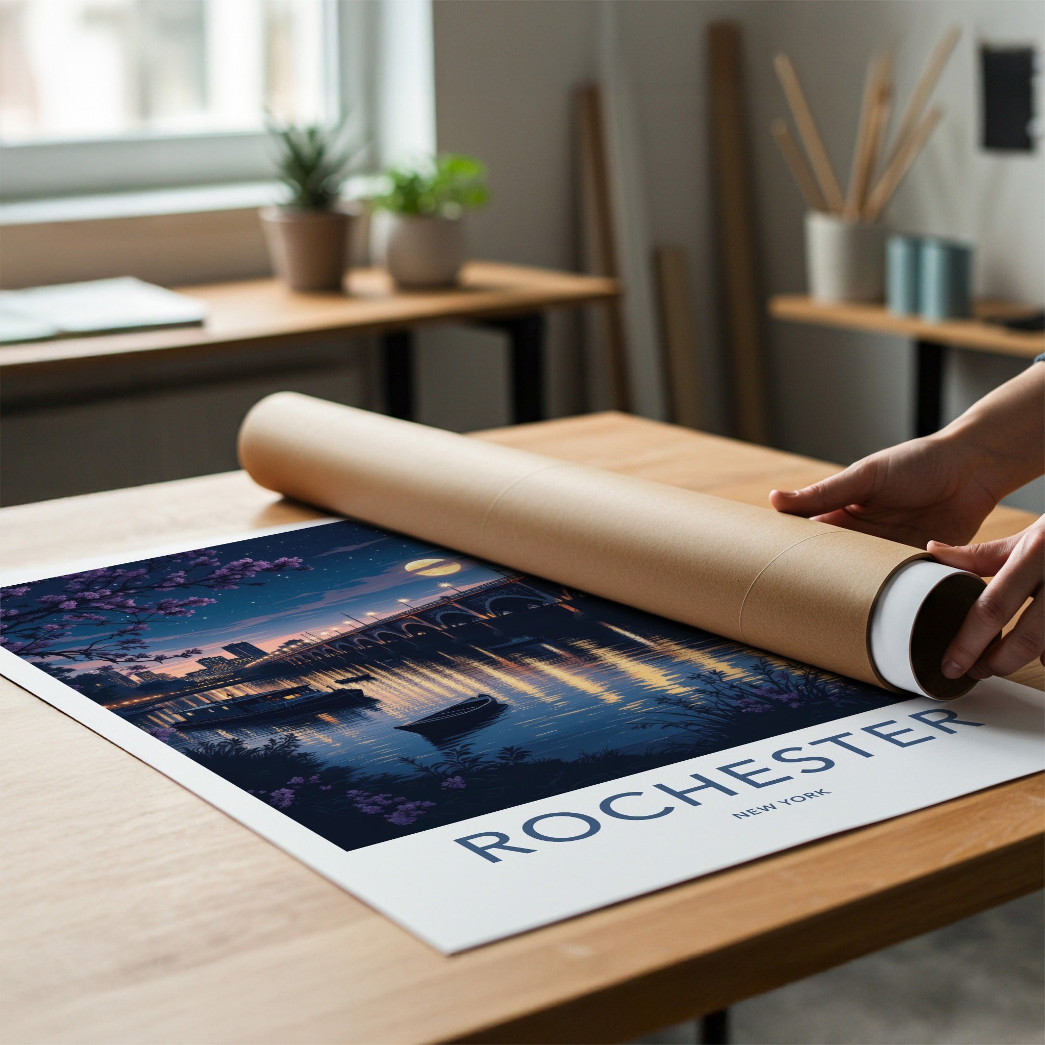 Rochester Poster - New York Travel Art - Moonlit City Bridge Home Decor