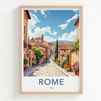 Rome Poster - Italy Travel Art - Cobblestone Street Flowers Wall Decor
