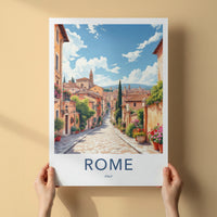 Rome Poster - Italy Travel Art - Cobblestone Street Flowers Wall Decor