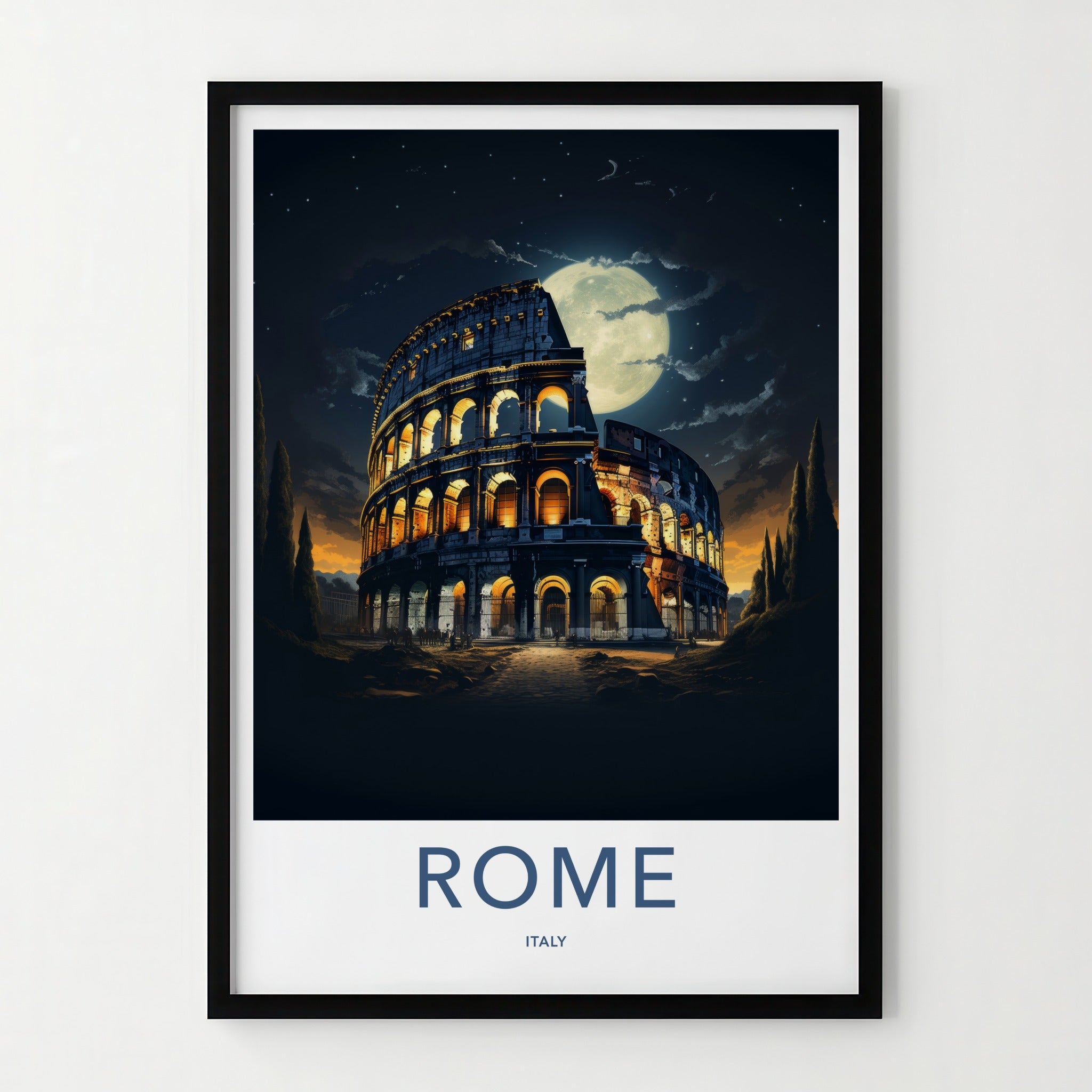 Rome Poster - Italy Travel Art - Colosseum Night Moon Home Decor