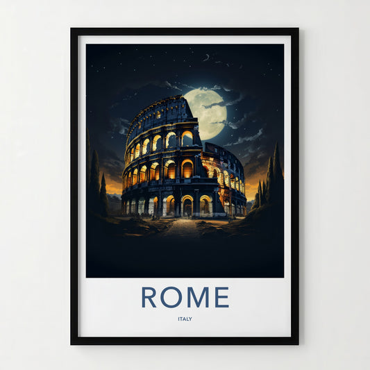 Rome Poster - Italy Travel Art - Colosseum Night Moon Home Decor