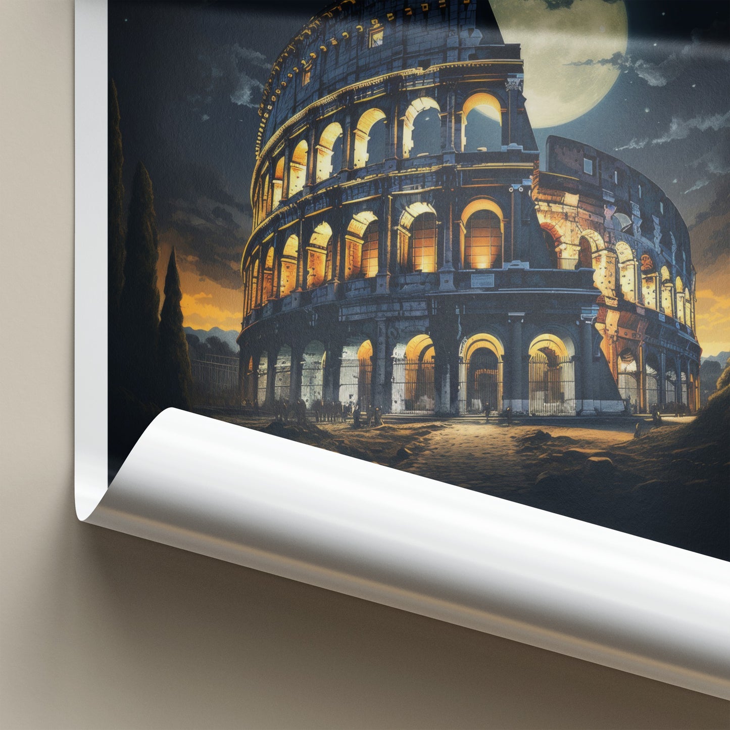 Rome Poster - Italy Travel Art - Colosseum Night Moon Home Decor