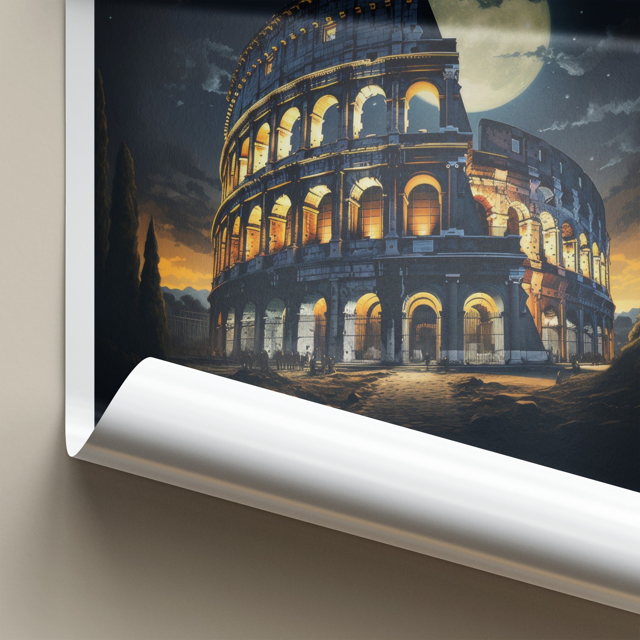 Rome Poster - Italy Travel Art - Colosseum Night Moon Home Decor