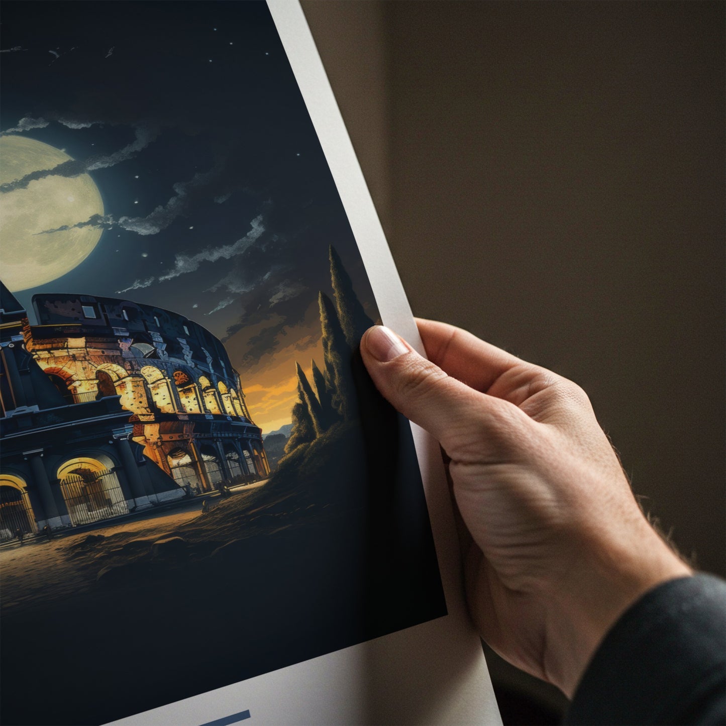 Rome Poster - Italy Travel Art - Colosseum Night Moon Home Decor