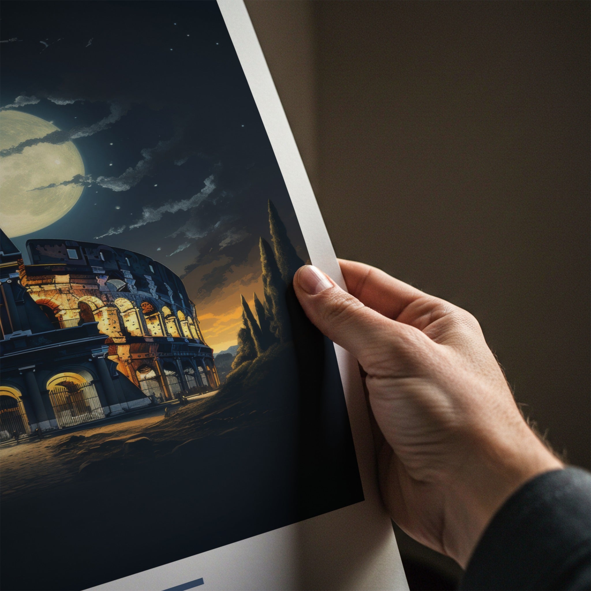 Rome Poster - Italy Travel Art - Colosseum Night Moon Home Decor