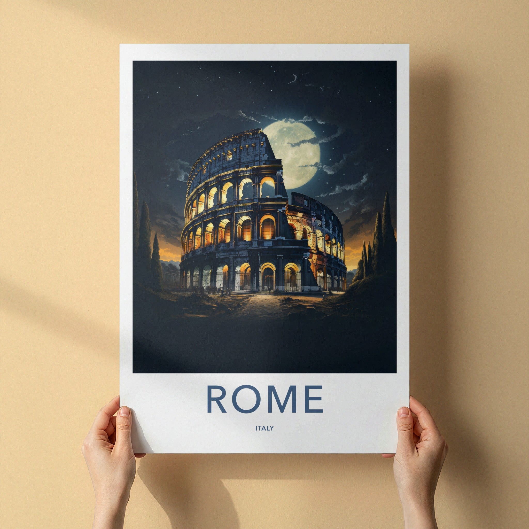 Rome Poster - Italy Travel Art - Colosseum Night Moon Home Decor