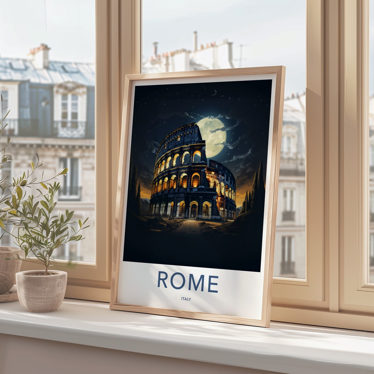 Rome Poster - Italy Travel Art - Colosseum Night Moon Home Decor