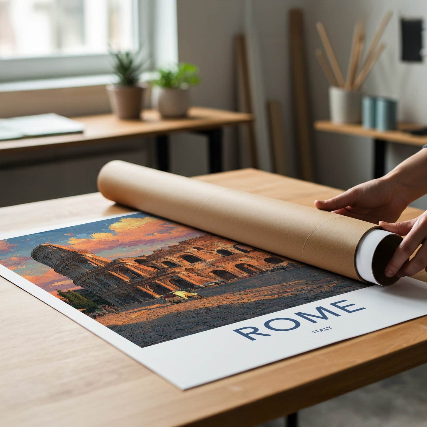 Rome Poster - Italy Travel Art - Colosseum Sunset Scooter Home Decor
