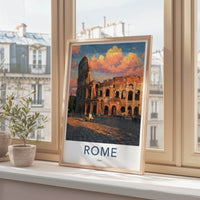 Rome Poster - Italy Travel Art - Colosseum Sunset Scooter Home Decor