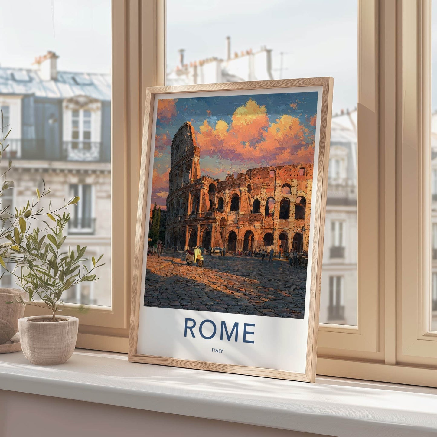 Rome Poster - Italy Travel Art - Colosseum Sunset Scooter Home Decor