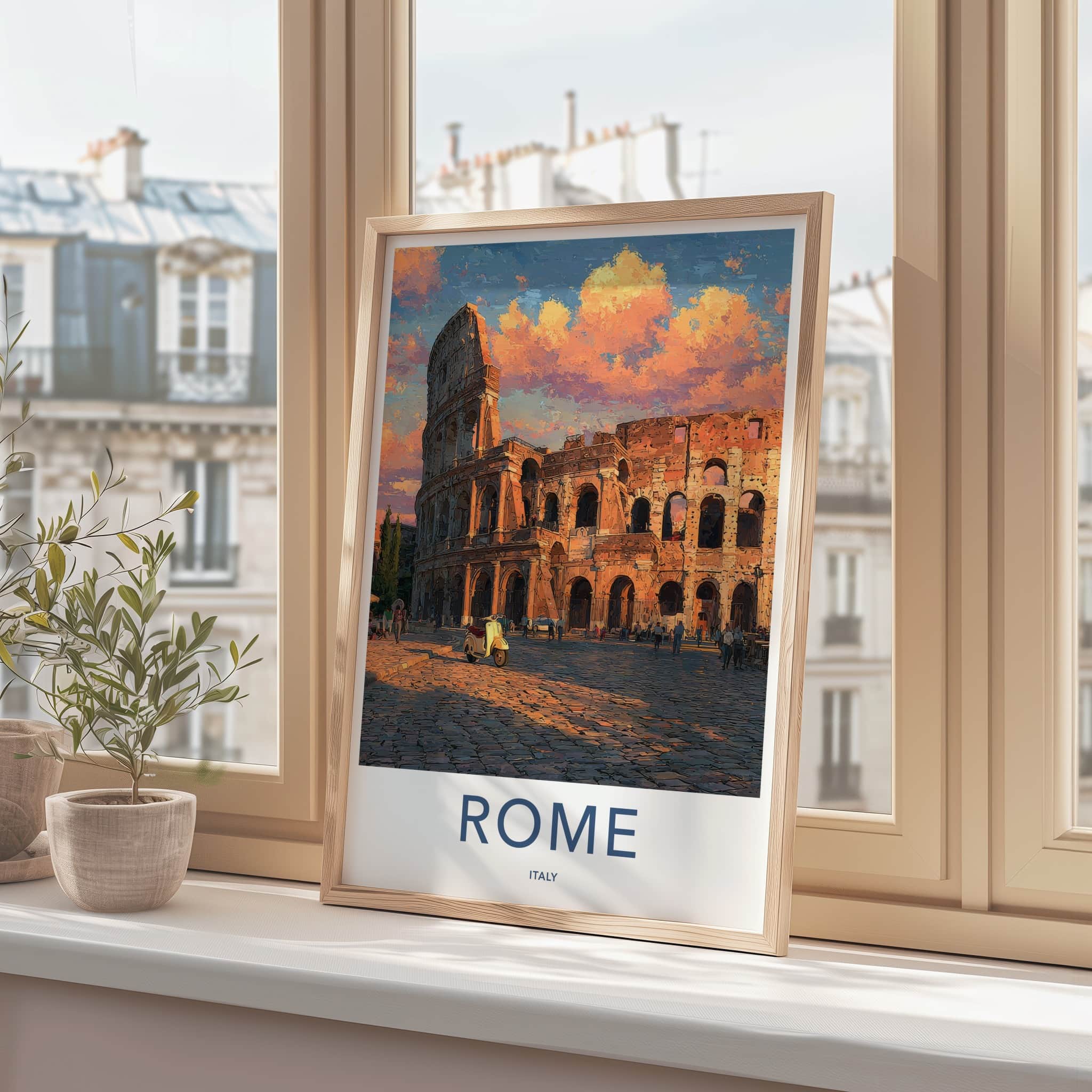 Rome Poster - Italy Travel Art - Colosseum Sunset Scooter Home Decor