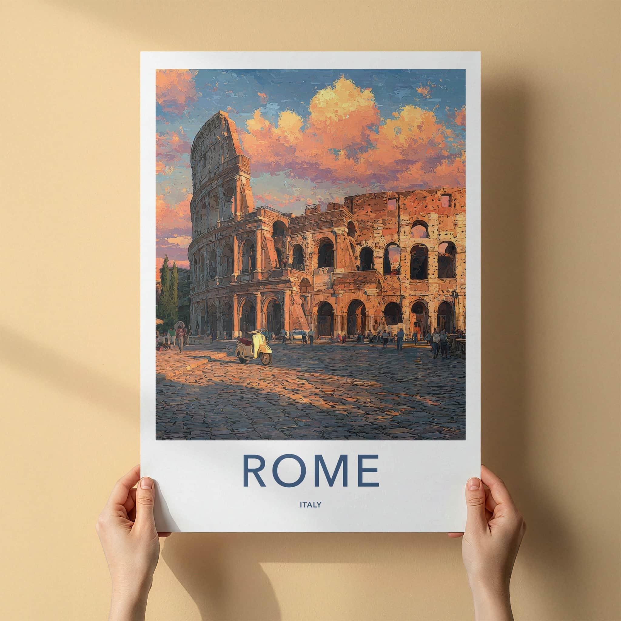Rome Poster - Italy Travel Art - Colosseum Sunset Scooter Home Decor
