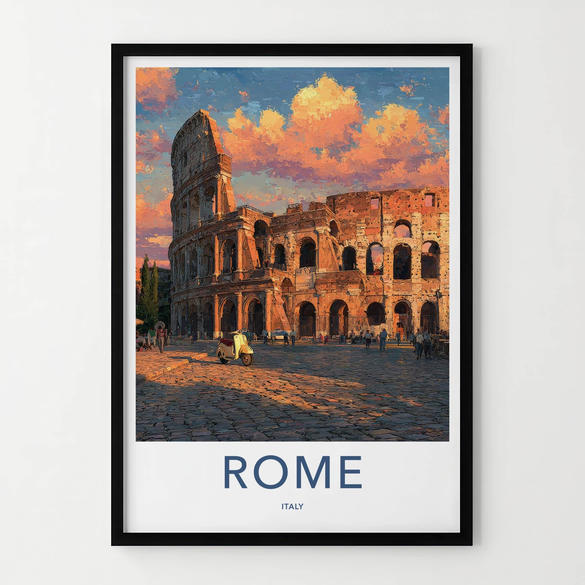 Rome Poster - Italy Travel Art - Colosseum Sunset Scooter Home Decor