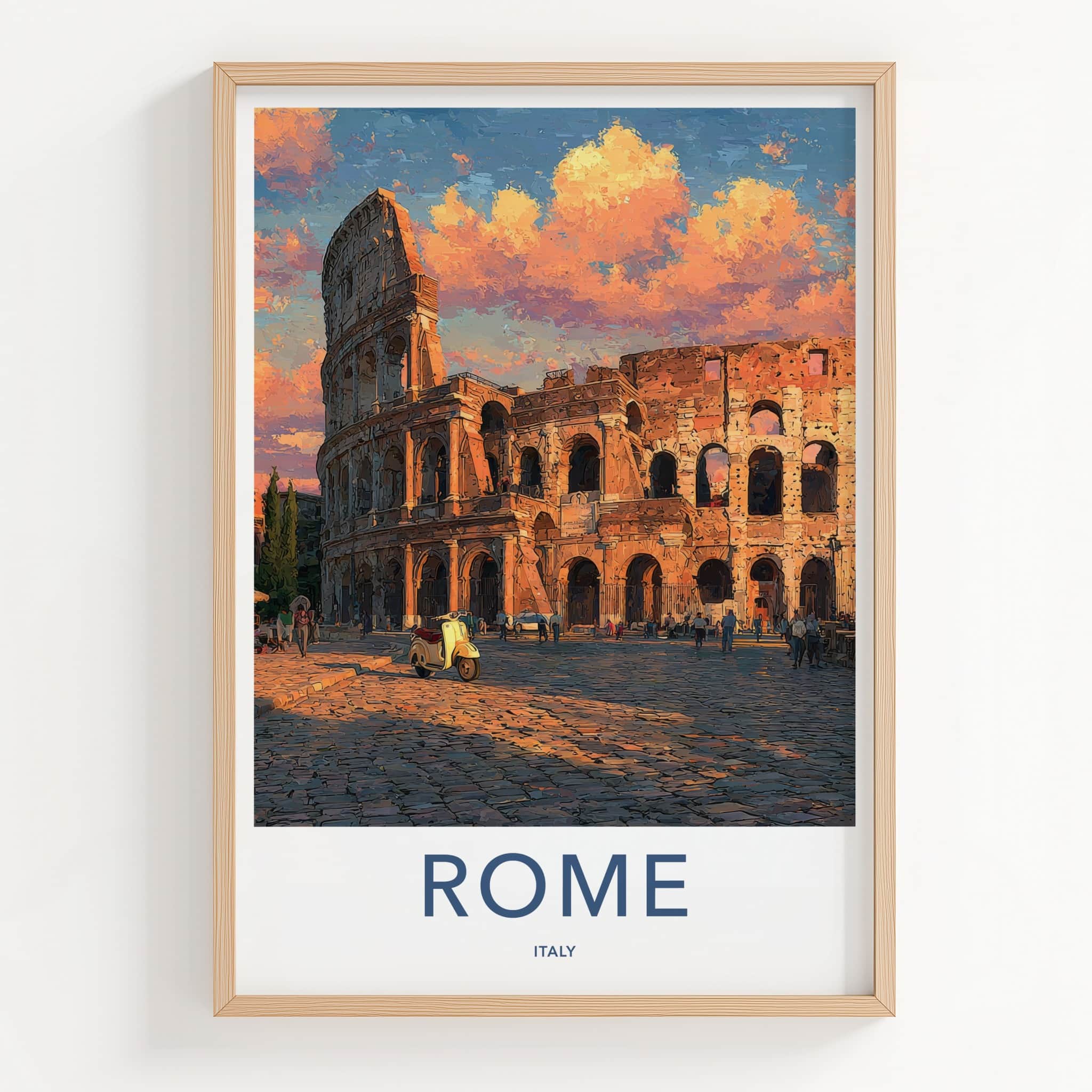 Rome Poster - Italy Travel Art - Colosseum Sunset Scooter Home Decor