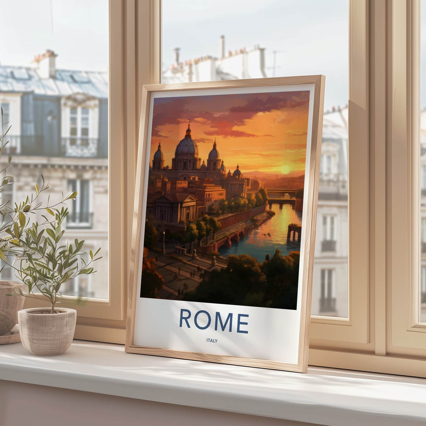 ROME Poster - Italy Travel Art - Sunset Cityscape River Home Decor