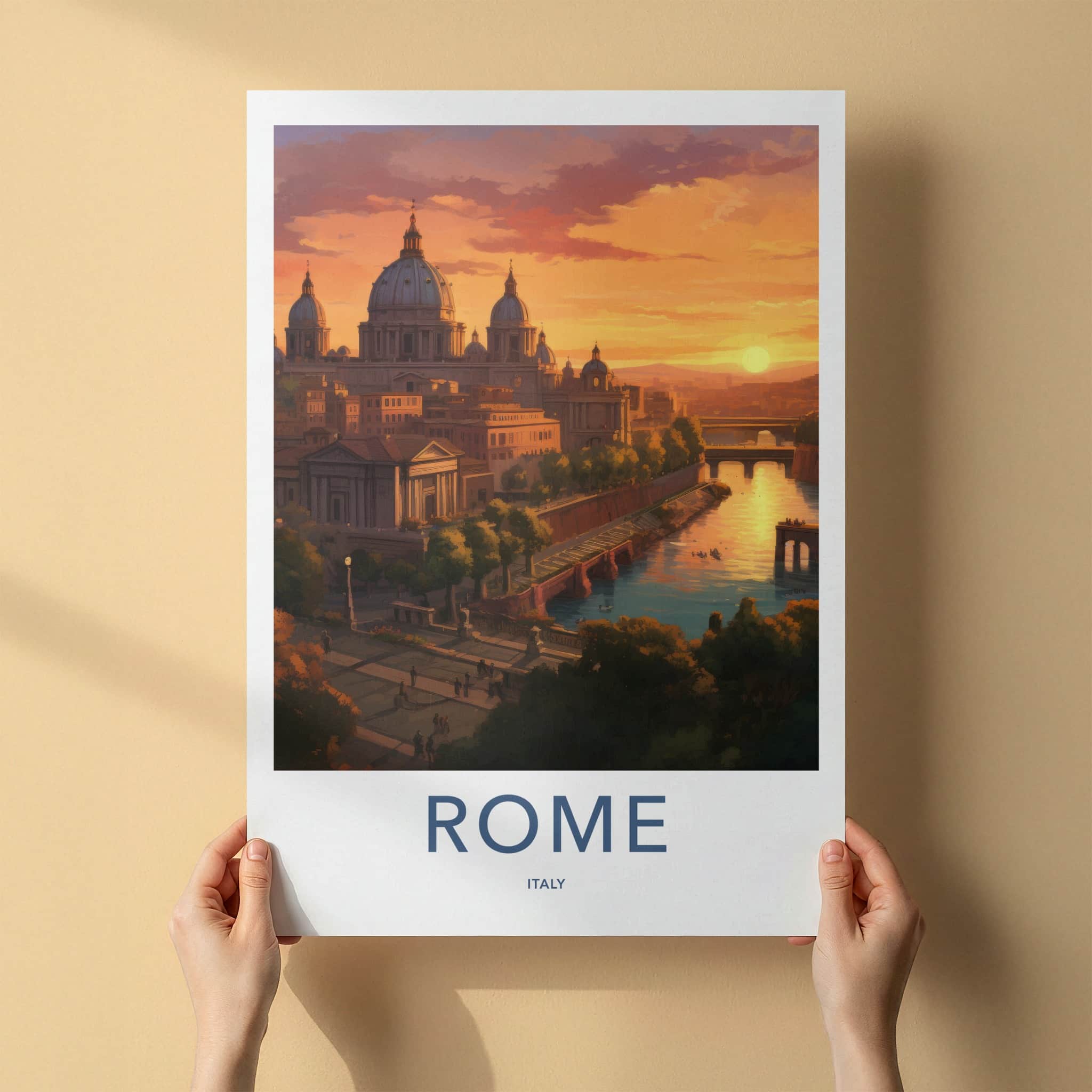 ROME Poster - Italy Travel Art - Sunset Cityscape River Home Decor