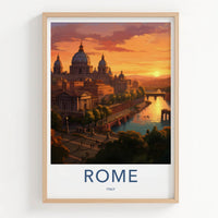 ROME Poster - Italy Travel Art - Sunset Cityscape River Home Decor