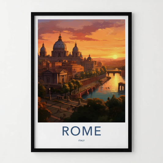 ROME Poster - Italy Travel Art - Sunset Cityscape River Home Decor