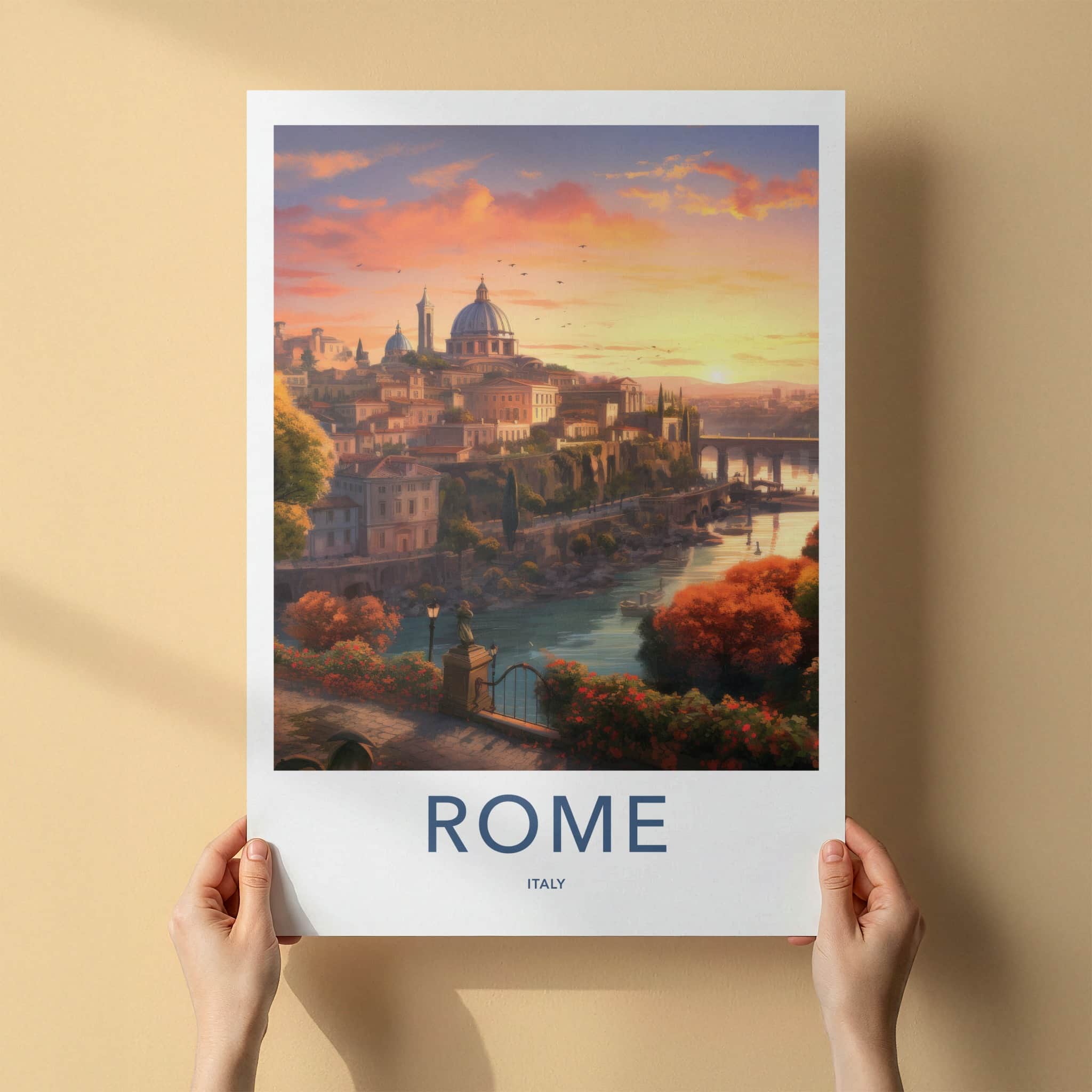 ROME Poster - Italy Travel Print - Cityscape River Sunset Lounge Decor