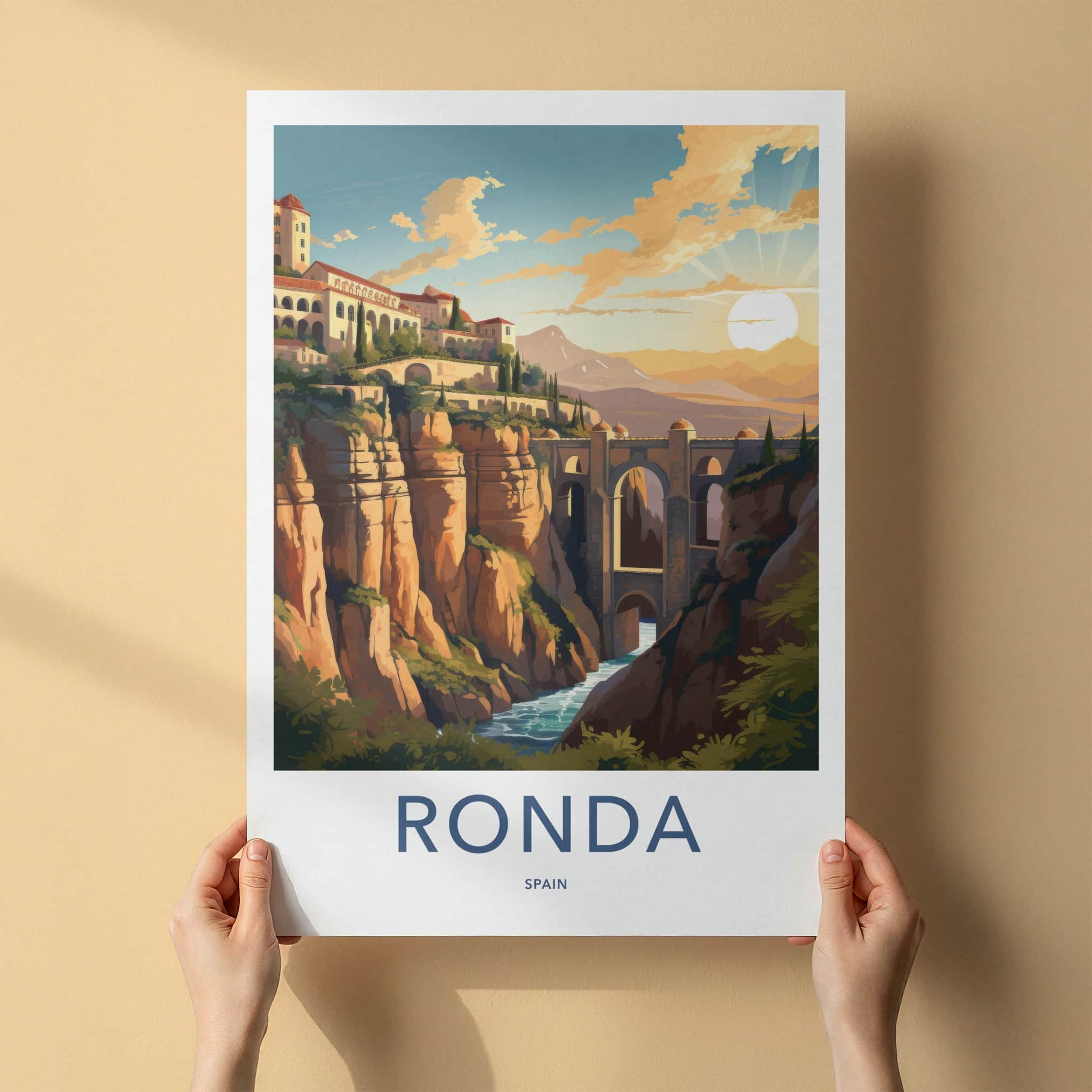 Ronda Poster - Spain Travel Art - Cliffside Bridge Sunset Home Decor