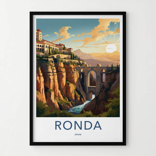 Ronda Poster - Spain Travel Art - Cliffside Bridge Sunset Home Decor
