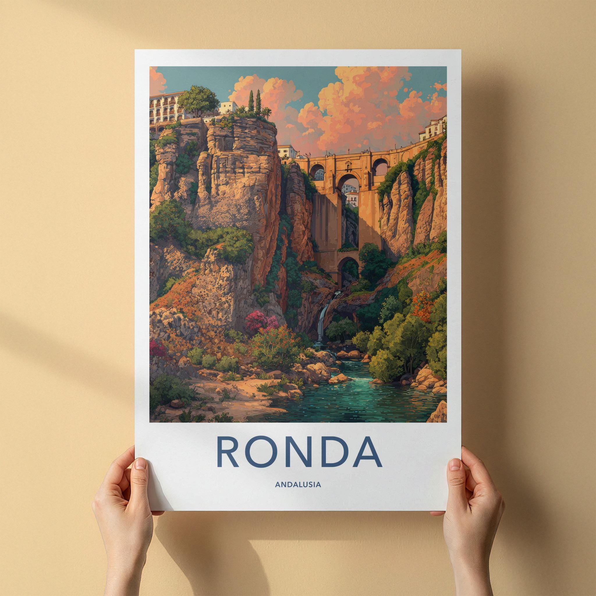 Ronda Poster - Spain Travel Art - Deep Gorge Bridge Wall Decor