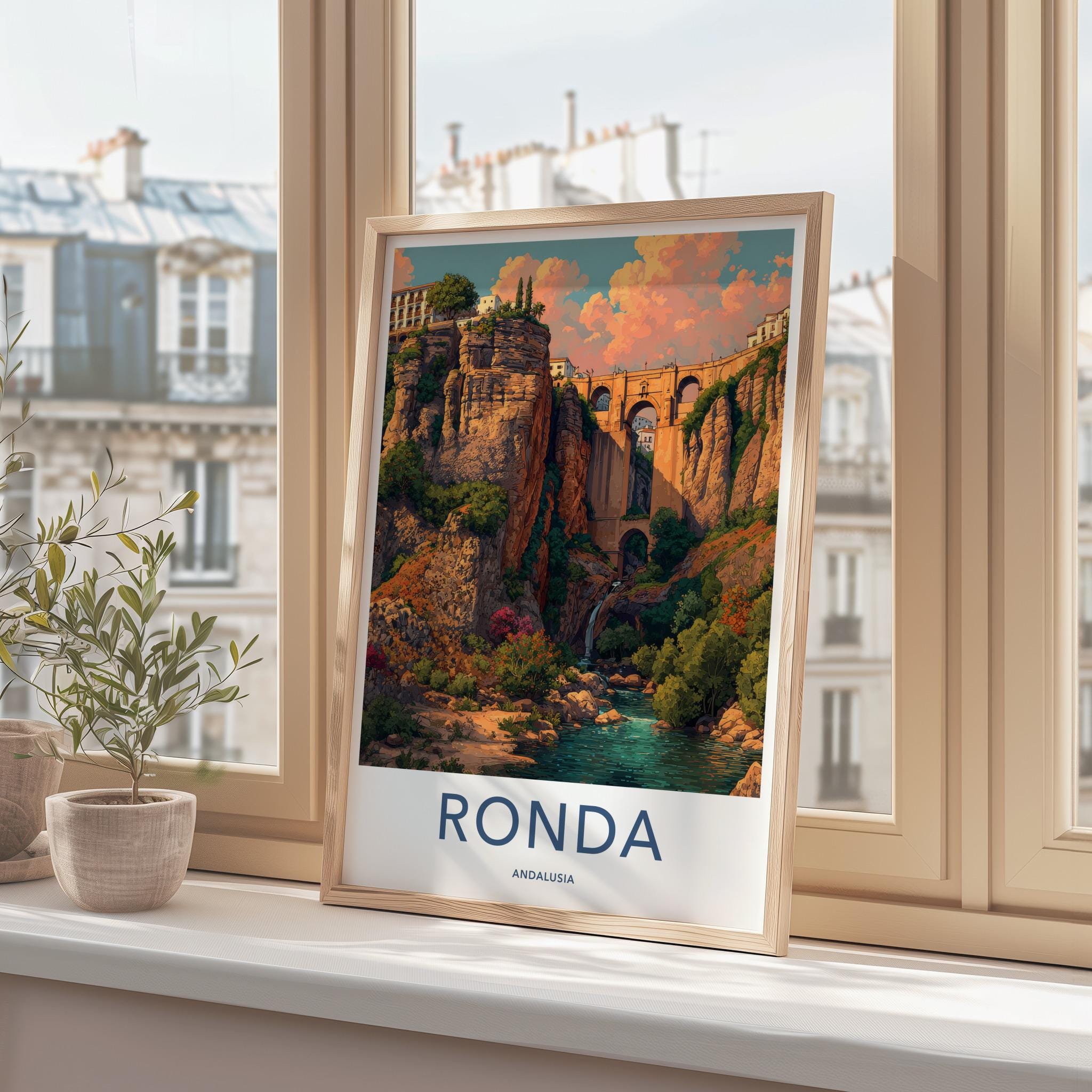 Ronda Poster - Spain Travel Art - Deep Gorge Bridge Wall Decor