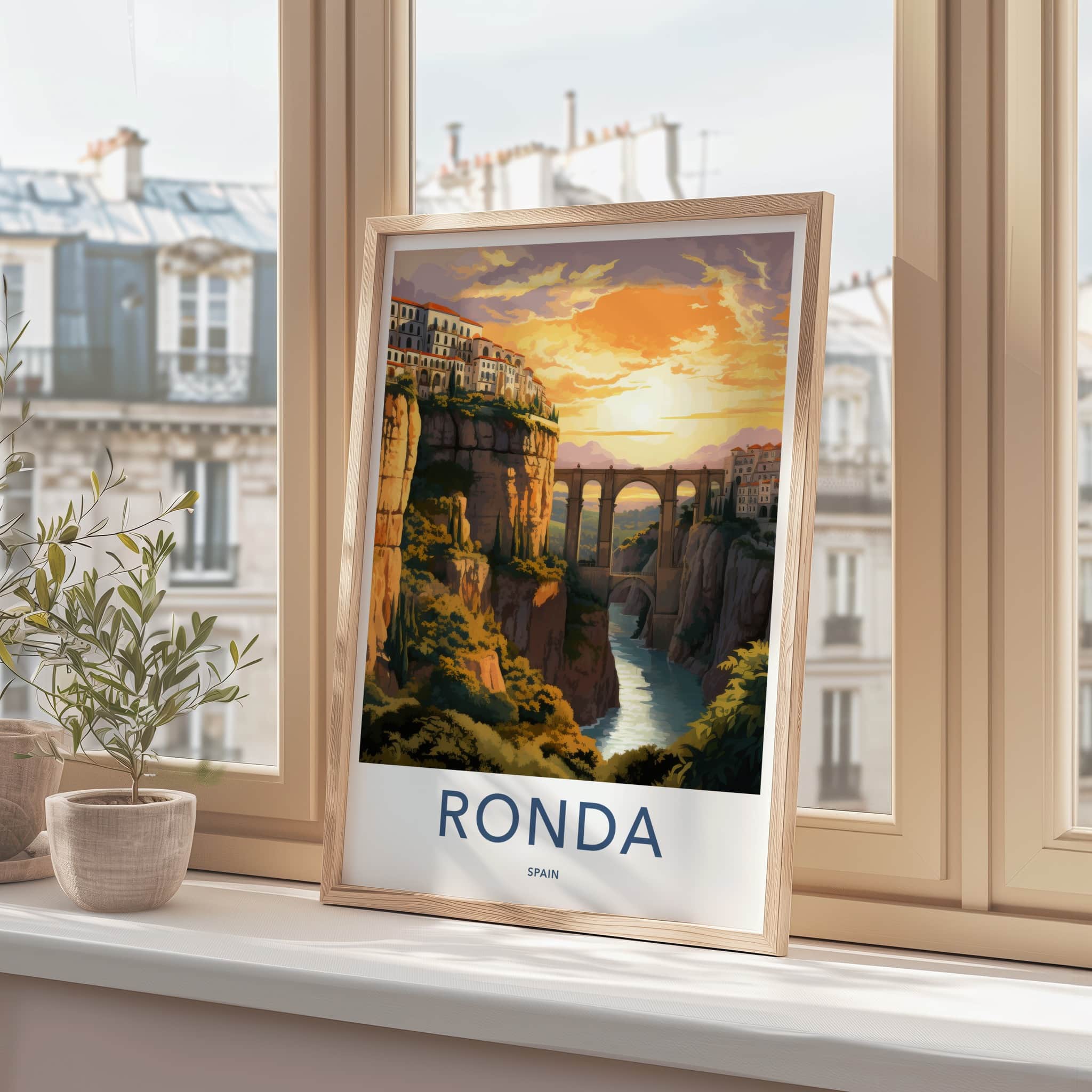 Ronda Poster - Spain Travel Art - Gorge Bridge Sunset Home Decor