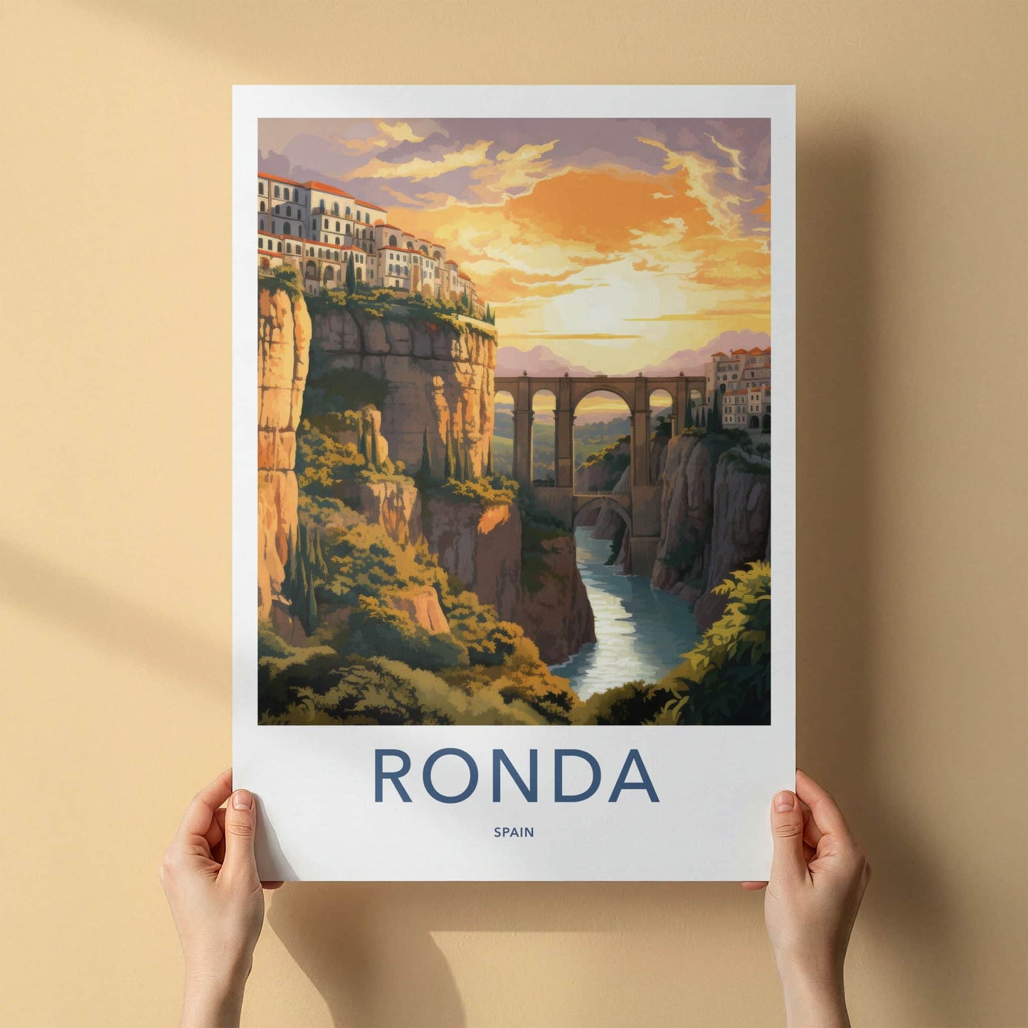 Ronda Poster - Spain Travel Art - Gorge Bridge Sunset Home Decor