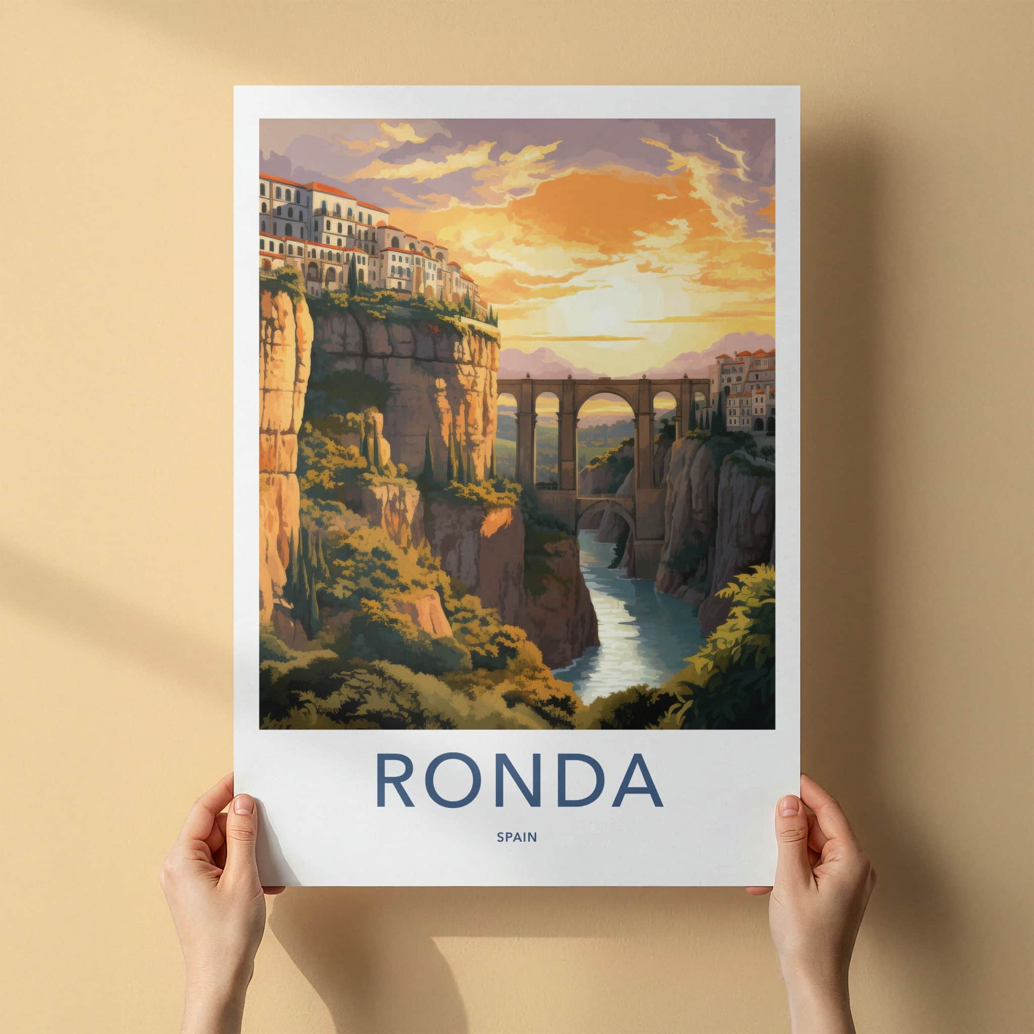 Ronda Poster - Spain Travel Art - Gorge Bridge Sunset Home Decor