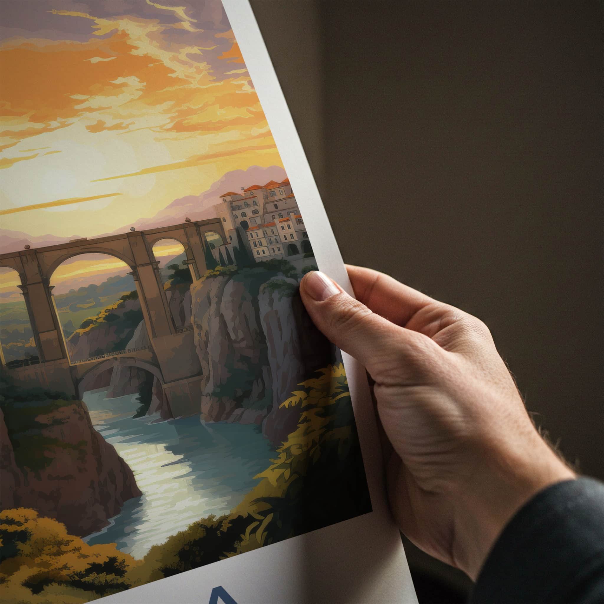 Ronda Poster - Spain Travel Art - Gorge Bridge Sunset Home Decor
