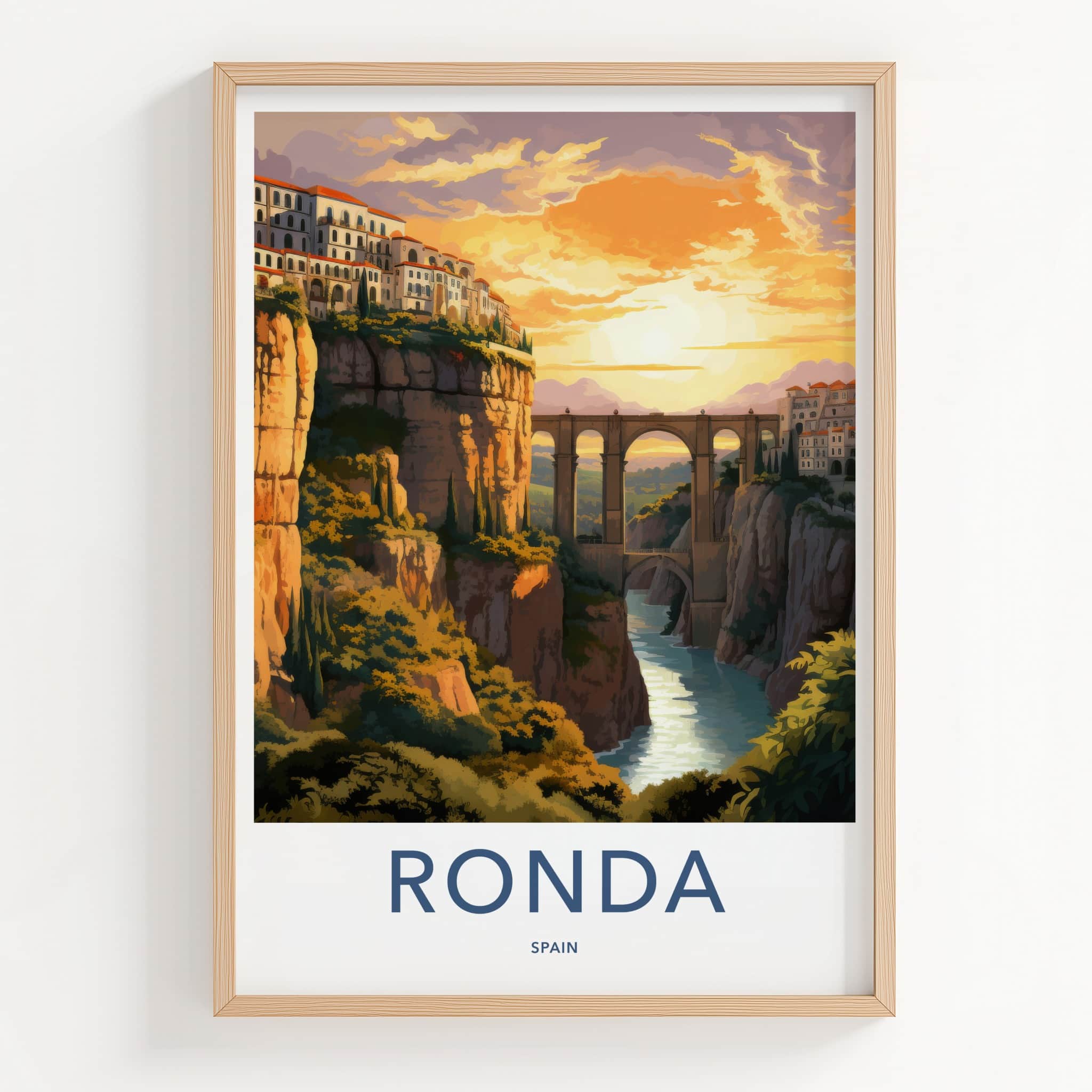 Ronda Poster - Spain Travel Art - Gorge Bridge Sunset Home Decor