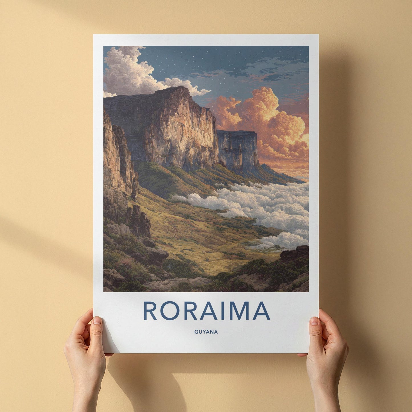 Roraima Poster - Guyana Travel Art - Starry Plateau Clouds Home Decor