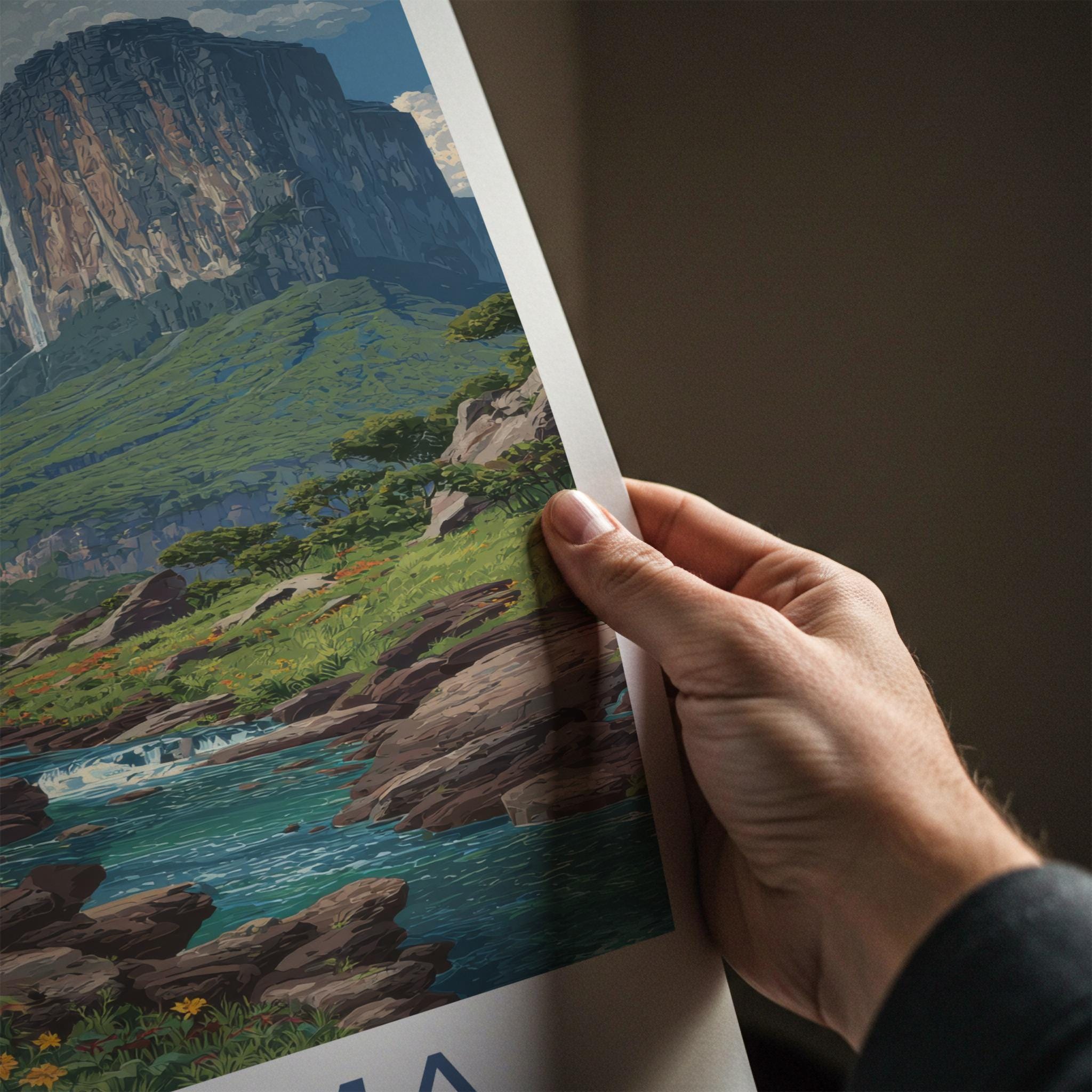Roraima Poster - Venezuela Travel Art - Dramatic Mountain Waterfalls Home Decor