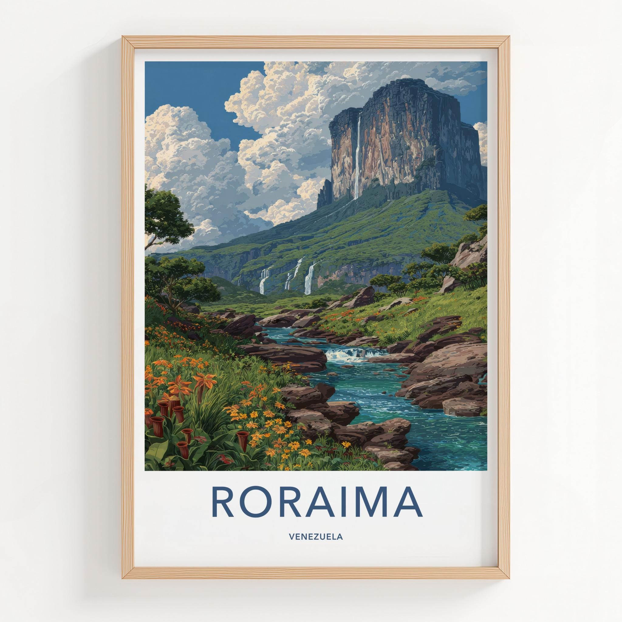 Roraima Poster - Venezuela Travel Art - Dramatic Mountain Waterfalls Home Decor