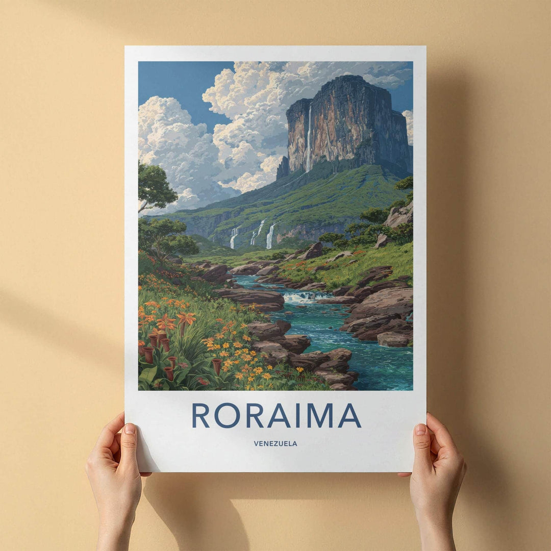 Roraima Poster - Venezuela Travel Art - Dramatic Mountain Waterfalls Home Decor