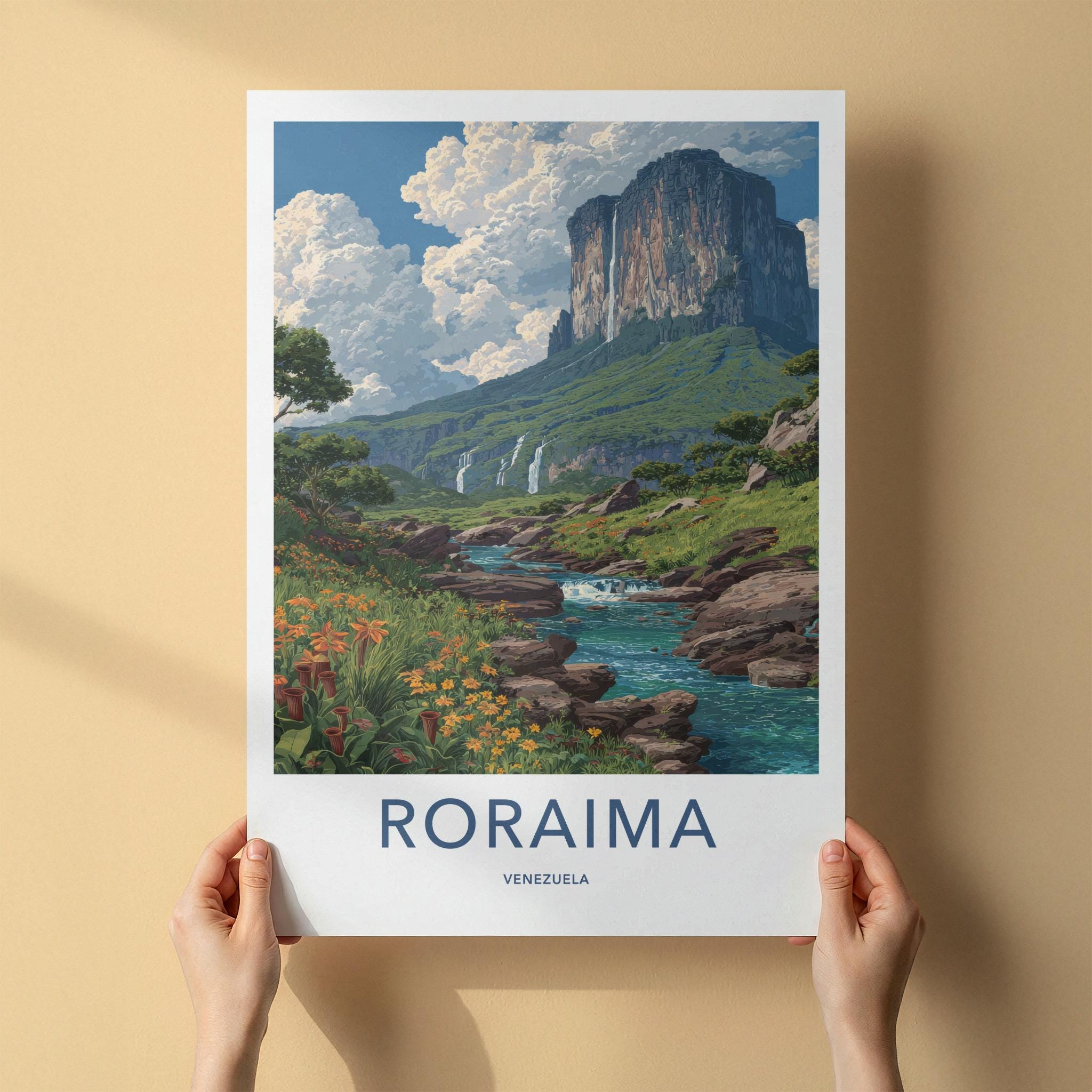 Roraima Poster - Venezuela Travel Art - Dramatic Mountain Waterfalls Home Decor