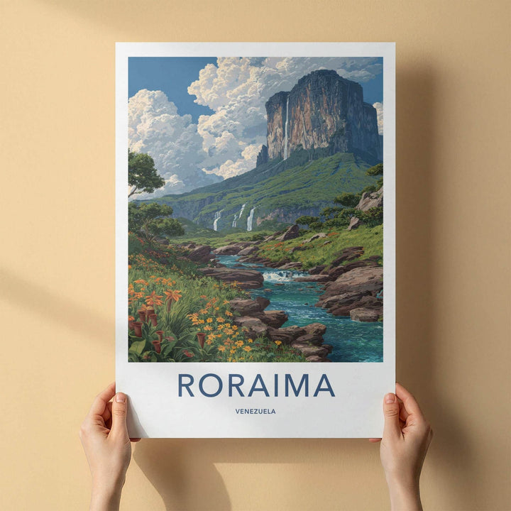 Roraima Poster - Venezuela Travel Art - Dramatic Mountain Waterfalls Home Decor