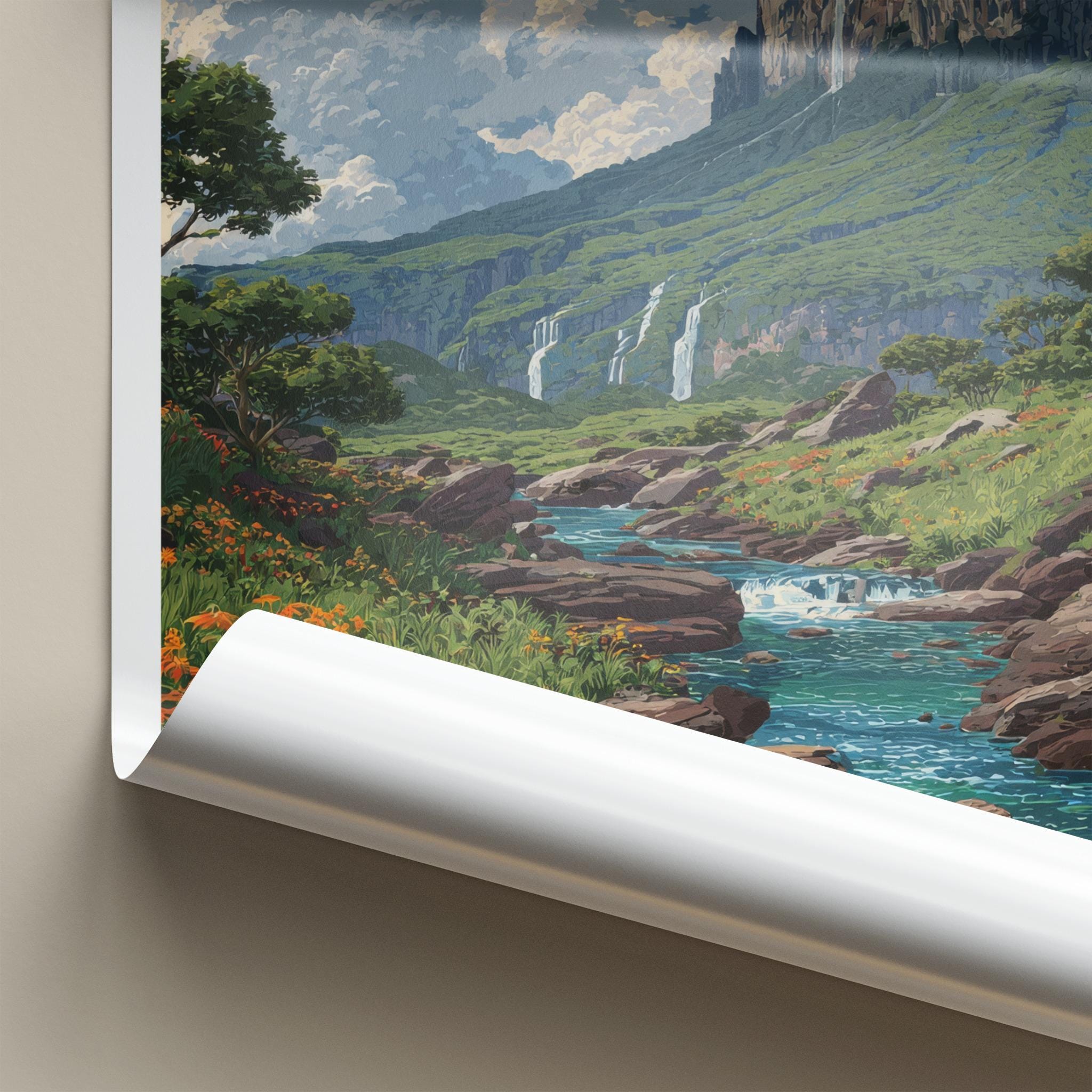 Roraima Poster - Venezuela Travel Art - Dramatic Mountain Waterfalls Home Decor
