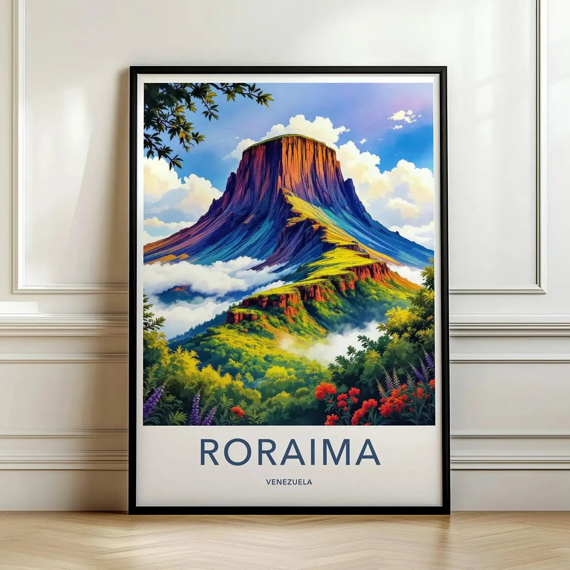 Framed travel poster featuring the towering Tepui mountains of Roraima for the South America collection.